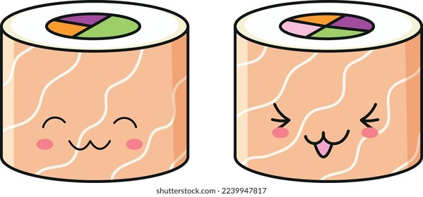 Vector illustration in a flat style - Sushi with salmon in the style of kawaii.