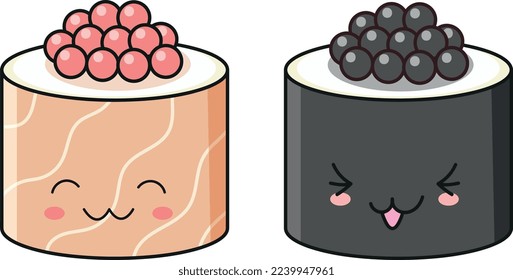 Vector illustration in a flat style - Sushi with salmon and caviar in the style of kawaii.