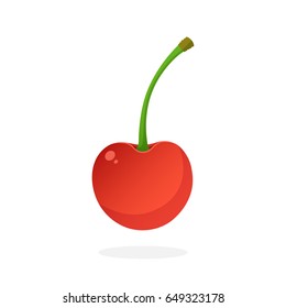 Vector illustration in flat style. Sweet red cherry with the stem. Healthy vegetarian food. Decoration for greeting cards, prints for clothes, posters, menus