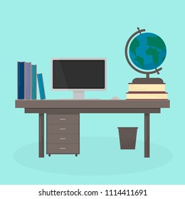 Vector illustration in flat style of table with computer, books and globe on it. Workplace of the student. Room or office interior. Education and learning concept. 