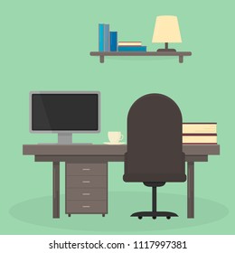 Vector illustration in flat style of table with computer, books and cup, bookshelf  with lamp,  and desk chair. Workplace of the student. Room or office interior. Education and learning concept. 