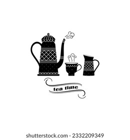 Vector illustration in flat style - tea infusion infographic - hot drinks ,crockery, kettle, teapot, milk jug. Tea party emblem.