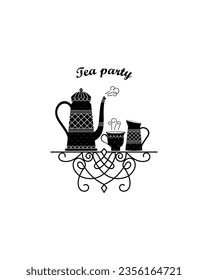 Vector illustration in flat style - tea infusion infographic - hot drinks ,crockery, kettle, cup, teapot, milk jug. Tea party emblem.