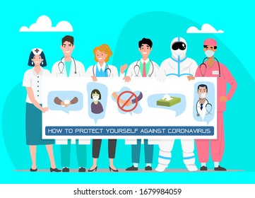 Vector illustration in flat style, team of happy medical professionals holding board, Doctor explain Infographics, wear face mask, wash hand, suggestion for covid-19 virus prevention.