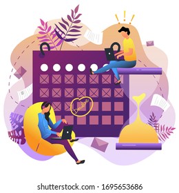 Vector illustration in a flat style. A team of freelance developers, a girl sitting on a soft chair with a laptop and a man sitting on an hourglass against a calendar. Time management, productivity