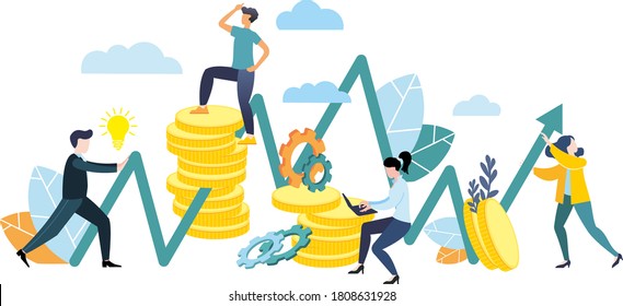 Vector illustration in a flat style. Teamwork. Conquering the peaks. Financial pyramid. Rivalry. Mountains of coins. Business idea.