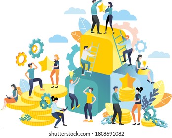 Vector illustration in a flat style. Teamwork. Conquering the peaks. Financial pyramid. Rivalry. Mountains of coins. Business idea.