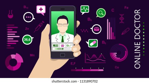 Vector illustration in flat style. tele medicine concept. Hand holding mobile phone with app for healthcare - online consultation with doctor. Online doctor concept with icons and Infographic elements