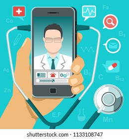 Vector illustration in flat style. tele medicine concept. Hand holding mobile phone with app for healthcare - online consultation with doctor. Online doctor concept with smartphone, stethoscope, icons