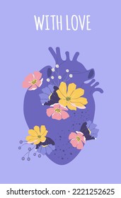 ilustración vectorial en estilo plano. para una postal. corazón con flores y la inscripción "con amor"