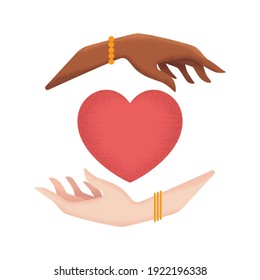Vector illustration in flat style with textured women hands and red heart isolated on white background. Concept of poster or banner against racism and discrimination