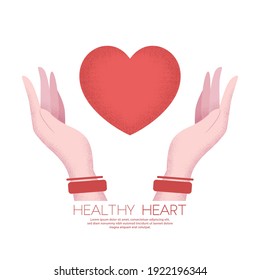Vector illustration in flat style with textured women hands and red heart isolated on white background. Medical concept of health and heart care for card, poster, banner
