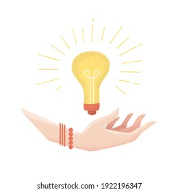 Vector illustration in flat style with textured women hand and light bulb isolated on white background. Concept of idea, finding a new option or solution for web sites, banner, infographic