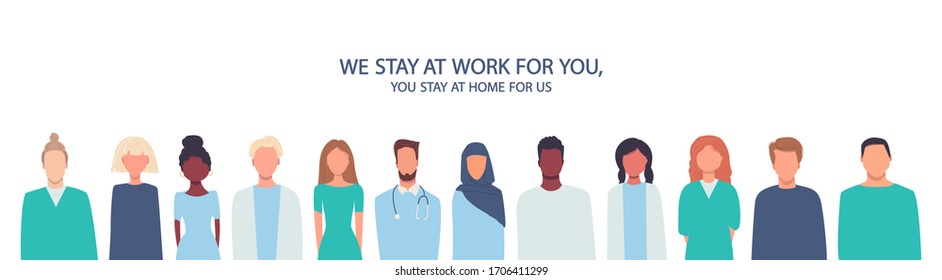 Vector illustration in flat style. Thank you doctors and nurses helping people to cope with novel coronavirus COVID-19. Heroes working in hospitals. Multiethnic group of people. Stay at home