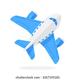 Vector Illustration In Flat Style. Toy Blue Airplane In Top View. Travel By Plane. Isolated On White Background