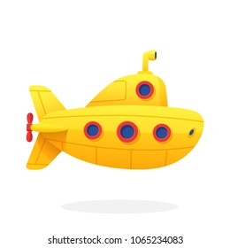 Vector illustration in flat style. Toy yellow submarine. Underwater traveling on diving ship. Yellow bathyscaphe with periscope and portholes. Isolated on white background