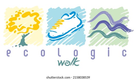 Ilustración vectorial en estilo plano de árbol, zapatos de senderismo y montañas.