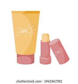 Vector illustration in flat style. Tube sunscreen and lipstick.