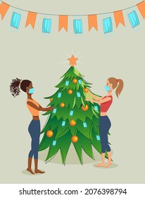 
Vector illustration in flat style. Two LGBT girls are decorating a Christmas tree wearing medical masks. Celebrating the new year during the coronavirus.