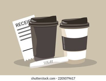 vector illustration in a flat style - two paper cups with coffee, a stick of sugar, a cash receipt