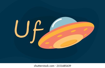 Vector illustration in a flat style. UFO with lights. Alien spaceship. Futuristic unknown flying object.