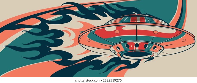 Vector illustration in flat style. Ultra violet UFO with lights. Alien space ship.