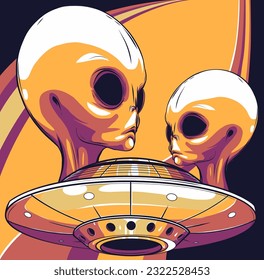 Vector illustration in flat style. Ultra violet UFO with lights. Alien space ship.