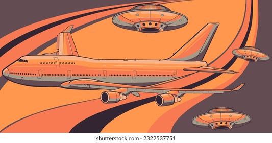 Vector illustration in flat style. Ultra violet UFO with lights. Alien space ship.