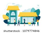 Vector illustration, flat style, various shops, discounts, purchase of goods and gifts, investing in real estate, shopping concept vector