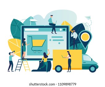 Vector illustration, flat style, various shops, discounts, purchase of goods and gifts, real estate investment, shopping concept and delivery of goods through online form