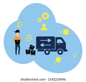 Vector illustration, flat style, various shops, discounts, purchase of goods and gifts, the concept of shopping and delivery of goods at home courier. Online orders.