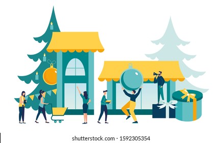 Vector illustration, flat style, various shops, discounts, purchase of goods and gifts, preparation for the new year, holiday discounts, real estate investment, shopping concept - Vector