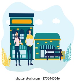Vector illustration, flat style, various shops, discounts, purchase of goods and gifts, investing in real estate, shopping concept
