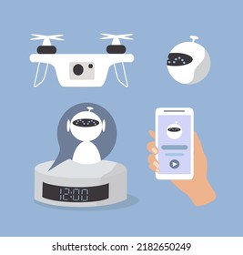 vector illustration in flat style - various electronic assistants and devices - bot, drone, smart speaker
