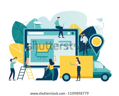 Vector illustration, flat style, various shops, discounts, purchase of goods and gifts, real estate investment, shopping concept and delivery of goods through online form