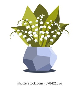 Vektorgrafik im Flachstil mit Vase und Lilie des Tales einzeln auf weißem Hintergrund