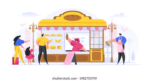 Vector illustration in flat style of vendor selling freshly baked bread goods to people on street isolated on white background