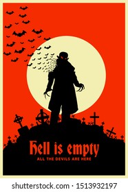 Vector Illustration, Flat Style, Vintage  Horror Or Halloween  Poster, The Silhouette Figure Of The Monster Standing Above The Grave, Behind It There Was A Full Moon, His Body Turned Into Many Bats. 