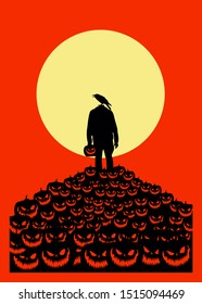 Vector illustration, Flat Style, Vintage  horror or halloween backgroud, the figure of a headless monster silhouette standing  standing on a pile of scary-faced pumpkins jack o lantern at full moon