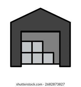 Ilustração vetorial de um edifício de armazém de estilo plano com caixas armazenadas dentro. Adequado para projetos de logística, infográficos de cadeia de fornecimento, ícones de armazenamento e gráficos de negócios de distribuição.