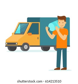 Vector illustration in flat style - water delivery concept - truck and friendly man with bottle