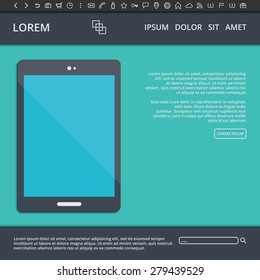 Vector illustration of flat style web design template with website elements, buttons, different line icons and tablet pc with blank screen