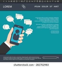 Vector illustration of flat style web design template with website elements, buttons, different line icons and a hand with smartphone and speech bubbles for your design