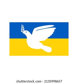 Ilustración vectorial en un estilo plano con una paloma blanca al fondo de la bandera ucraniana para el conflicto militar entre Ucrania y Rusia y los conceptos de terminar la guerra