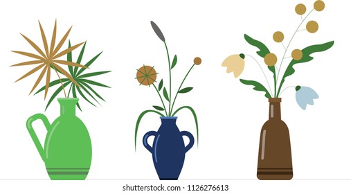 Vector illustration in flat style. Wild flowers in a vase. Beautiful bouquets of flowers are in vases.