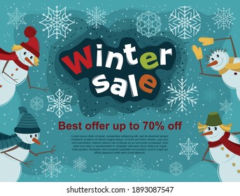 Vector illustration in flat style.  Winter sale banner template with snowflakes and snowmen.