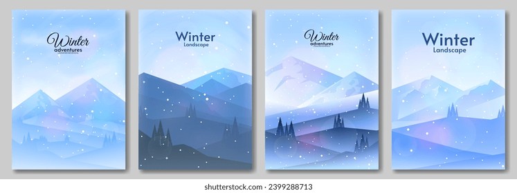 Ilustración vectorial, paisaje de invierno de estilo plano con montañas. Nevada. Cielo azul claro. Blizzard. El clima nevado. Diseño para afiche, pancarta, invitación.