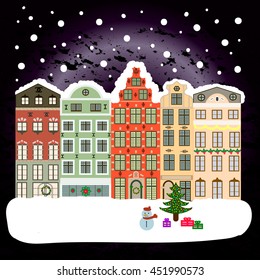 Vector illustration, flat style. Winter town. Cityscape. Urban winter landscape. New Year 2019.