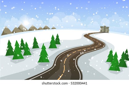 Vector illustration in a flat style. The winter landscape of forests, mountains, road and lake.