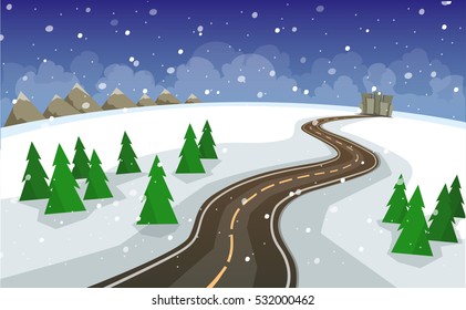 Vector illustration in a flat style. The winter landscape of forests, mountains, road and city.